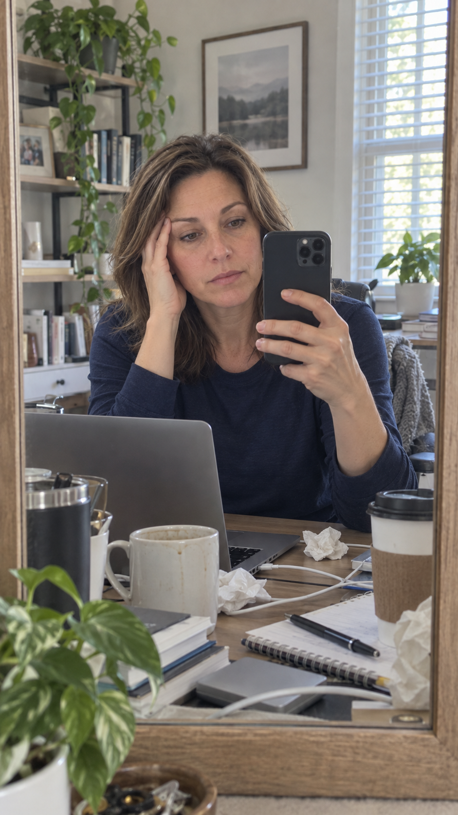 Customer taking a tired mirror selfie during a low-energy morning